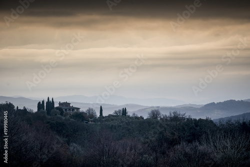 View at dawn across Tuscany from San Gusme  