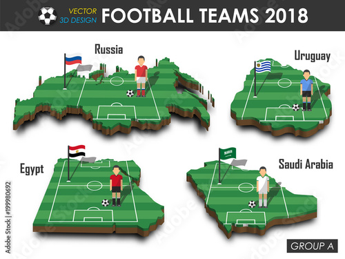 National soccer teams 2018 group A . Football player and flag on 3d design country map . isolated background . Vector for international world championship tournament 2018 concept