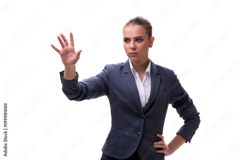 Young businesswoman pressing virtual button on white Young businesswoman pressing virtual button on white