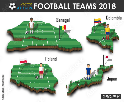 National soccer teams 2018 group H . Football player and flag on 3d design country map . isolated background . Vector for international world championship tournament 2018 concept