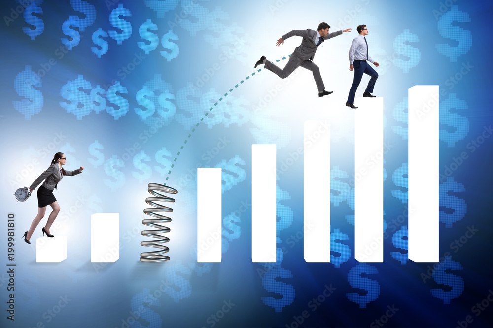 Business people jumping over bar charts Business people jumping over bar charts