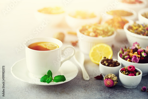 Tea concept with copy space. Different kinds of dry tea in white ceramic bowls and cup of aromatic tea on grey background. © jchizhe