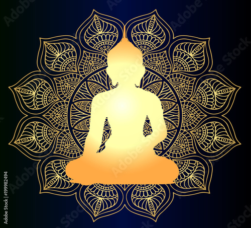 The golden buddha and the silhouette of the mandala are meditation and relaxation. Beautiful Buddhist Background