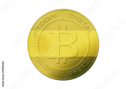 Bitcoin gold coin. Virtual cryptocurrency concept with Argentina flag on white background.