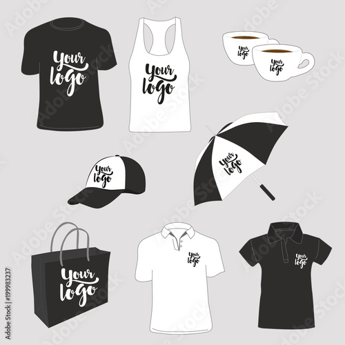 Promotional items. T-shirts, polo shirt, tank top, paper bag, cups, cap and umbrella. Vector illustration.