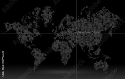 World map of planet earth, pointer of coordinate detection. Geolocation finding calculation. Geographic location indicator in the world. Vector