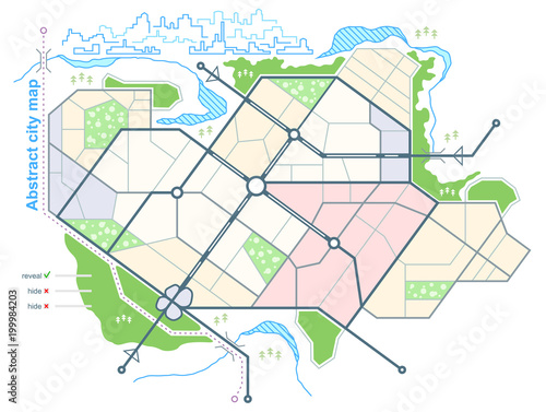 Generic map of  abstract city. Urban environment with scheme of town streets on the plan. Architectural sketch of the general plan in top view.  Stock vector