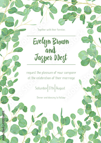 Wedding eucalyptus vertical vector design banner frame. Rustic greenery invitation card. Green tones. Watercolor style collection. All elements are isolated and editable