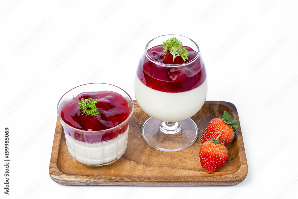 Traditional italian dessert vanilla strawberry panna cotta on white background Traditional italian dessert vanilla strawberry panna cotta on white background
