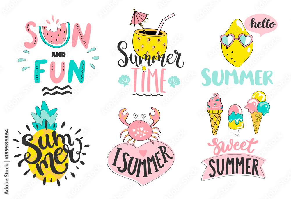 Set of cute summer hand drawn labels, logos, tags and elements for holiday, travel, beach vacation with positive quotes. Perfect for web,card,poster,cover,tag,invitation,sticker. Vector illustration. Set of cute summer hand drawn labels, logos, tags and elements for holiday, travel, beach vacation with positive quotes. Perfect for web,card,poster,cover,tag,invitation,sticker. Vector illustration.