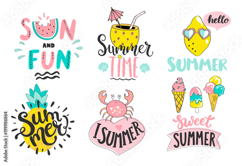 Set of cute summer hand drawn labels, logos, tags and elements for holiday, travel, beach vacation with positive quotes. Perfect for web,card,poster,cover,tag,invitation,sticker. Vector illustration.