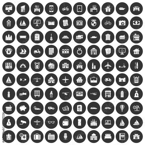 100 property icons set black circle