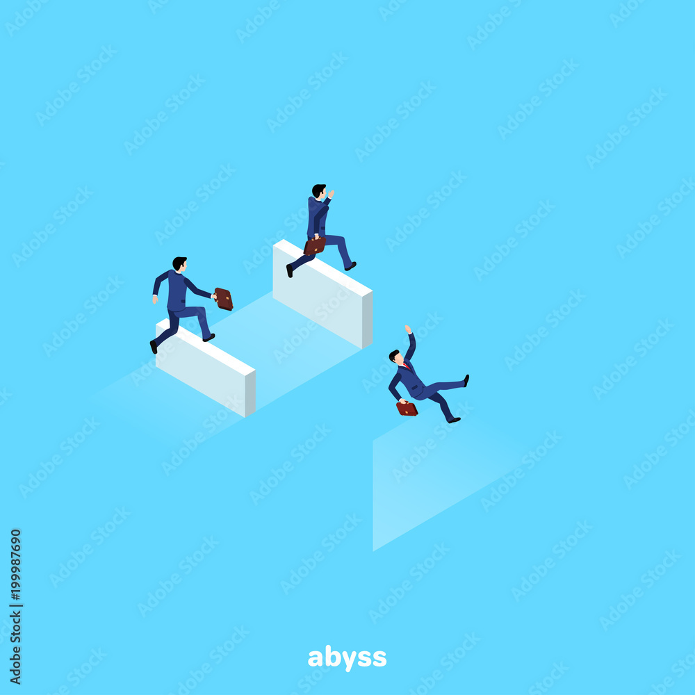 a man in a business suit jumping over a curb falls into an abyss, an isometric image a man in a business suit jumping over a curb falls into an abyss, an isometric image