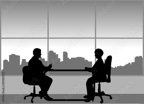Job interview between the unemployed and businessman in the office, one in the series of similar images silhouette