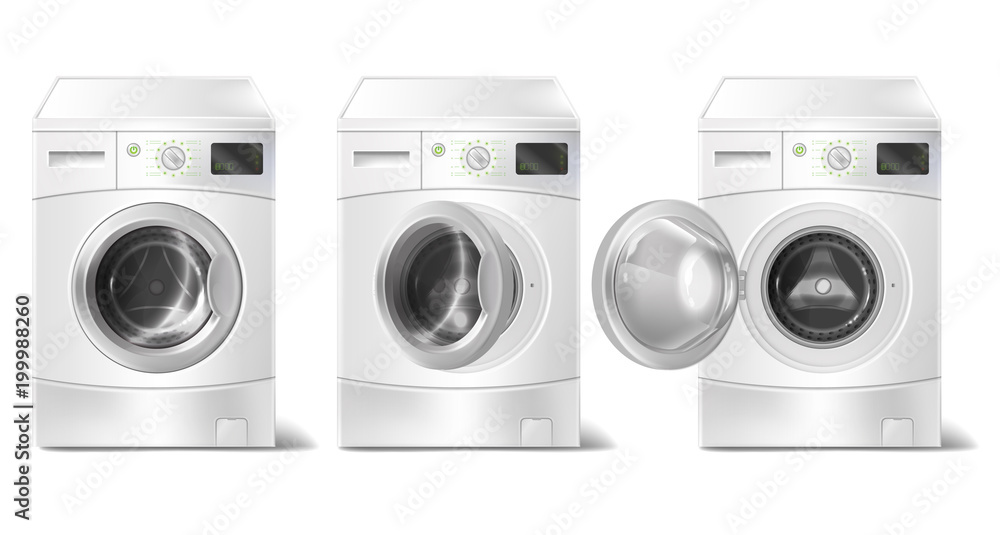 Vector set of 3d realistic washing machine with front-loader and smart display isolated on white background. Mock up of modern household electric appliance for housework, laundry