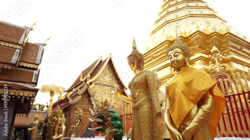 Round Pano of Different Buddha statues of gold and jade in Wat Phra That Doi Suthep. Famous Temple of Chiang Mai, Thailand. Dolly shot