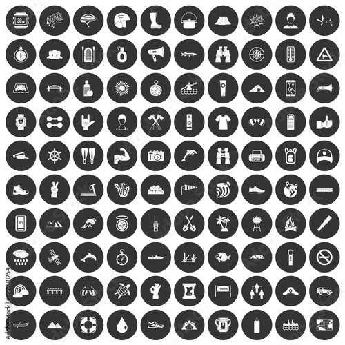 100 rafting icons set black circle