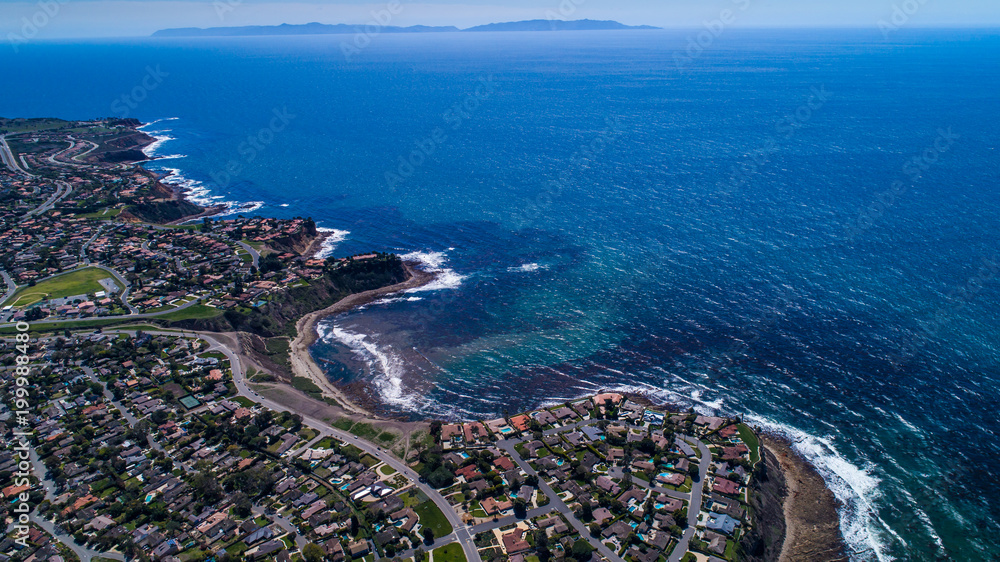 Aerial view of Palos Verdes Coastline with Catalina Island in background