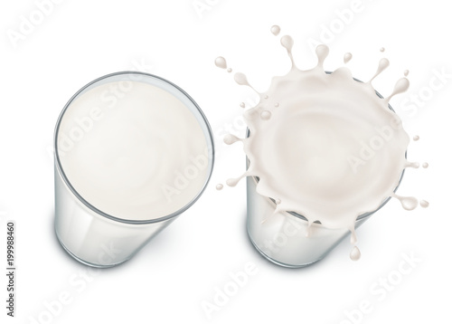 Vector glasses with milk, splashing in the glass. Mock up of farm product isolated on white background. Elements for advertising poster, promo banner of natural drink, template for label