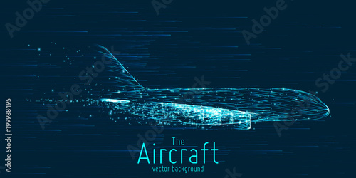 Vector airliner constructed with glowing lines. Thin line wireframe concept. Aircraft flying in sky with motion trails. Travel, tourism, transport concept. Airplane abstract illustration.