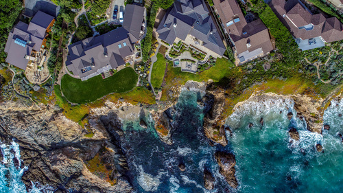 Houses on the Pacific Ocean. Aerial View Overhead.