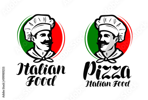 Cook, chef logo. Italian food, pizza symbol or label. Vector illustration typographic design