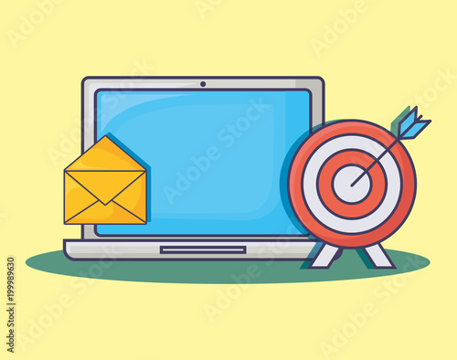 Laptop computer and email marketing related icons over yellow backgorund, vector illustration