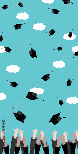 Graduates hands throwing Graduation Hats in the Air. Celebration Education Graduate Student Success. Flat design, vector illustration.