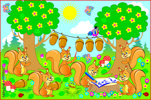 Illustration for a textbook on mathematics. Merry squirrels in the forest learn to count and read. Vector cartoon image.