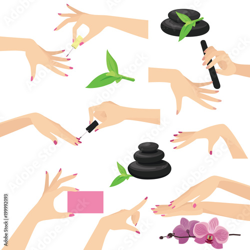 Beautiful Woman Hands Doing Manicure Spa Design Elements Vector Set Isolated on White