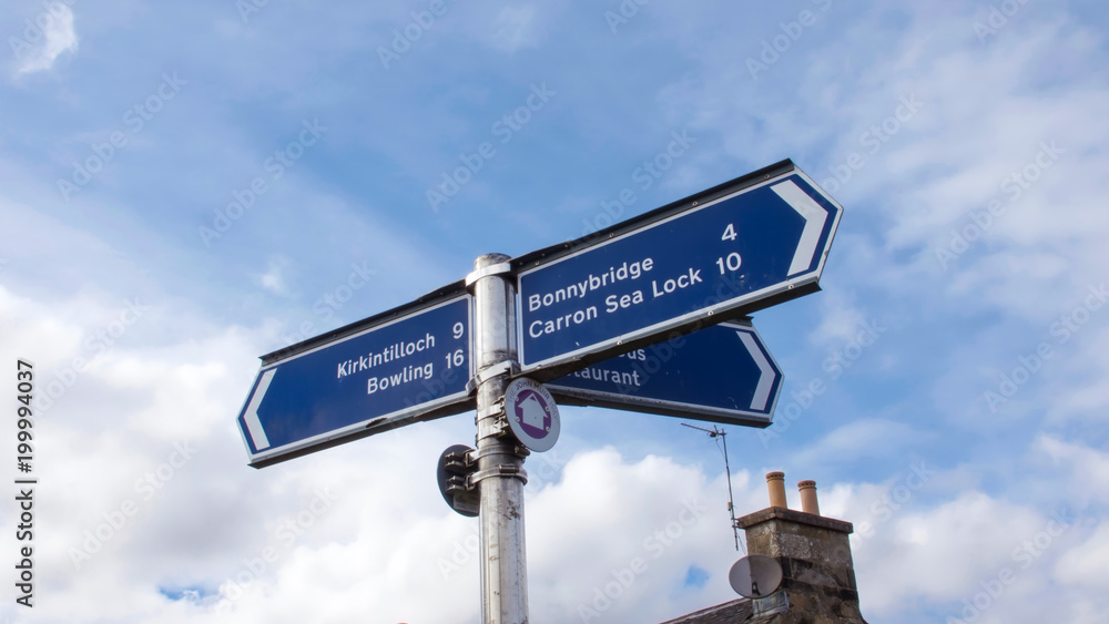 Blue direction signpost beside the Forth and Clyde Canal at Banknock.