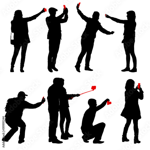 Set silhouettes man and woman taking selfie with smartphone on white background