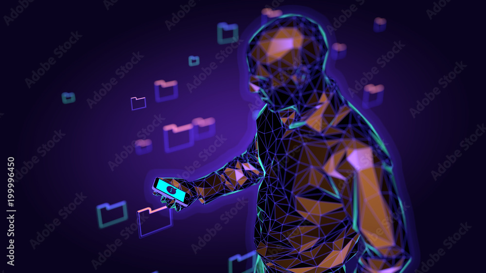 Naklejka premium Concept of businessman on blurred background chatting with chatbot application. 3d illustration
