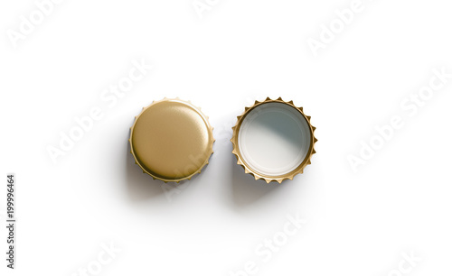 Blank white golden beer lid mockup, top view, front and back side, 3d rendering. Empty metal soda cap mock up design template. Clear bottle cover isolated.