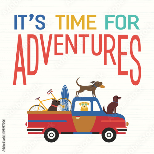 Time for adventure. Cute comic cartoon. Colorful humor retro style. Dogs go by offroad car to beach for sport fun leisure activity. Dog days of summer poster concept. Vacation touring by auto vector