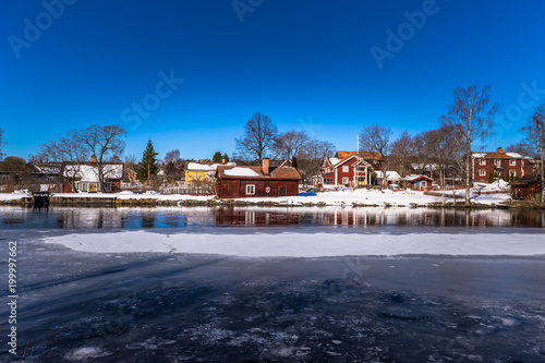 Sundborn - March 30, 2018: Panorama of the picturesque town of Sundborn in Dalarna, Sweden