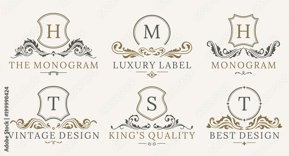 Retro Royal Vintage Shields Logotype set. Vector calligraphyc Luxury logo design elements. Business signs, logos, identity, spa, hotels, badges