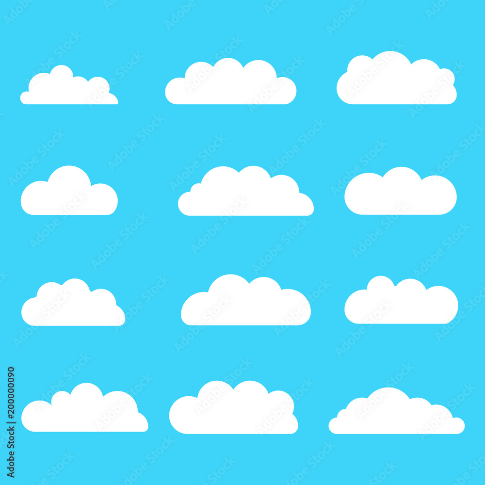 Set of clouds. Set of different clouds on blue background. Collection of cloud icon, shape, label Set of clouds. Set of different clouds on blue background. Collection of cloud icon, shape, label