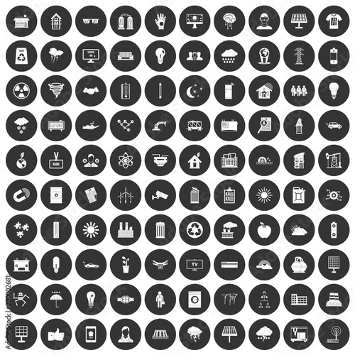 100 solar energy icons set black circle