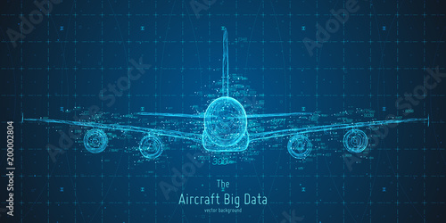 Vector abstract plane big data graph visualization. Aircraft infographics aesthetic design. Visual information complexity. Intricate engineering data scheme. Travel, tourism, transport analytics. photo