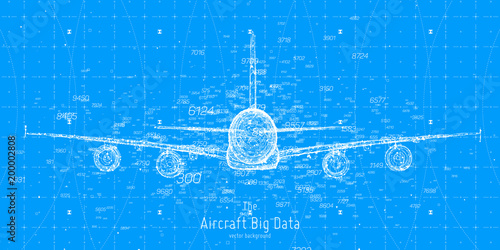 Vector abstract plane big data graph visualization. Aircraft infographics aesthetic design. Visual information complexity. Intricate engineering data scheme. Travel, tourism, transport analytics.