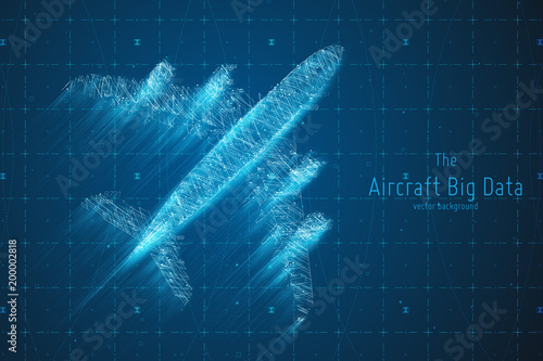 Vector abstract plane big data graph visualization. Aircraft infographics aesthetic design. Visual information complexity. Intricate engineering data scheme. Travel, tourism, transport analytics.