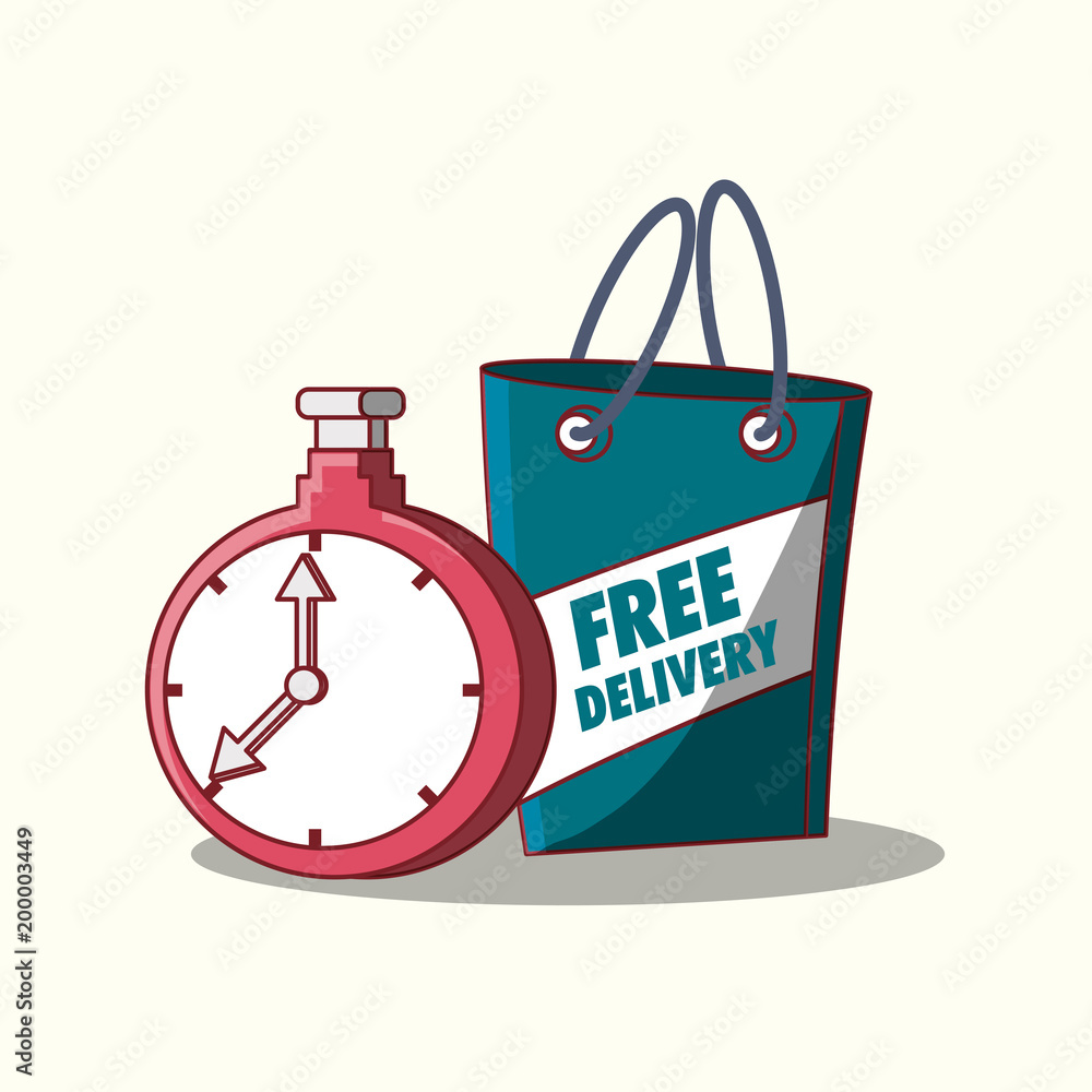 Naklejka premium Free delivery design with chronometer and shopping bag over white background, colorful design. vector illustration