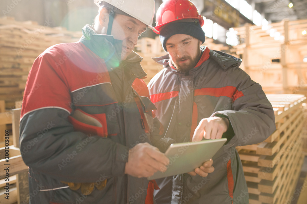 Fototapeta premium Waist up portrait of two workers using digital tablet standing in sunlit factory workshop, copy space
