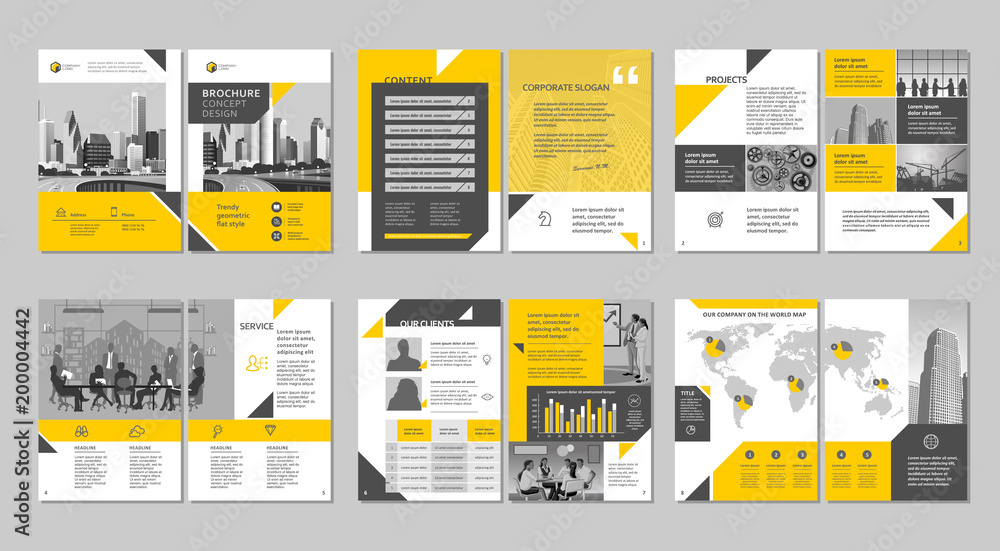 Brochure creative design. Multipurpose template with cover, back and inside pages. Trendy minimalist flat geometric design. Vertical a4 format. - obrazy, fototapety, plakaty 