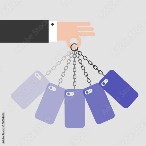 Nomophobia. Mobile phone addiction. Smartphone swinging on a chain. New technologies. Flat editable vector illustration, clip art