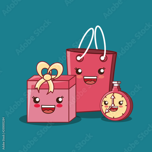 kawaii shopping bag with chronometer and gift box over blue background, colorful design. vector illustration