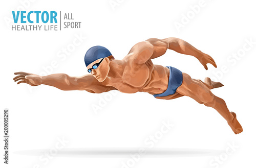 Fit swimmer training in the swimming pool. Professional male swimmer inside swimming pool. Butterfly stroke. A man dives into the water. Vector illustration.