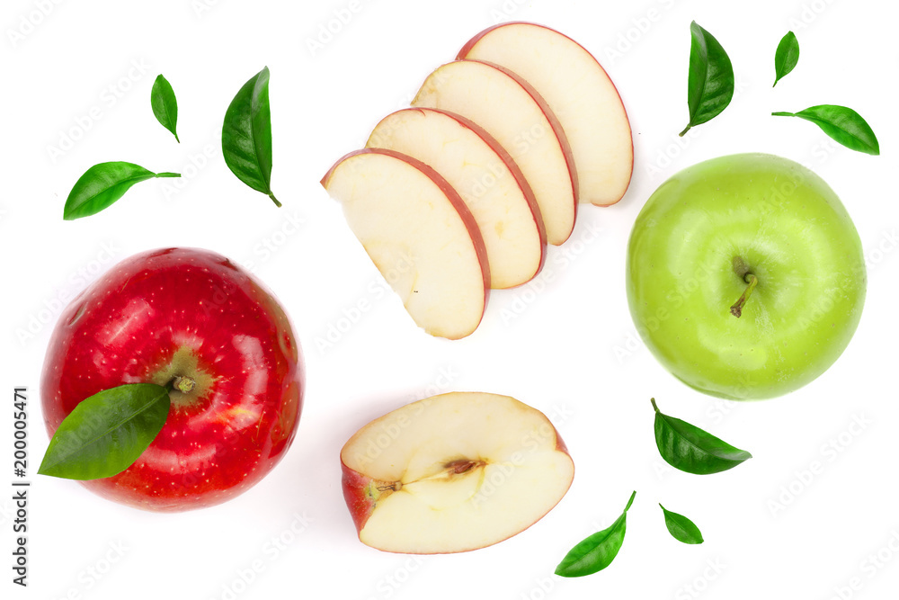 red and green apples with slices and leaves isolated on white background top view. Set or collection. Flat lay pattern red and green apples with slices and leaves isolated on white background top view. Set or collection. Flat lay pattern