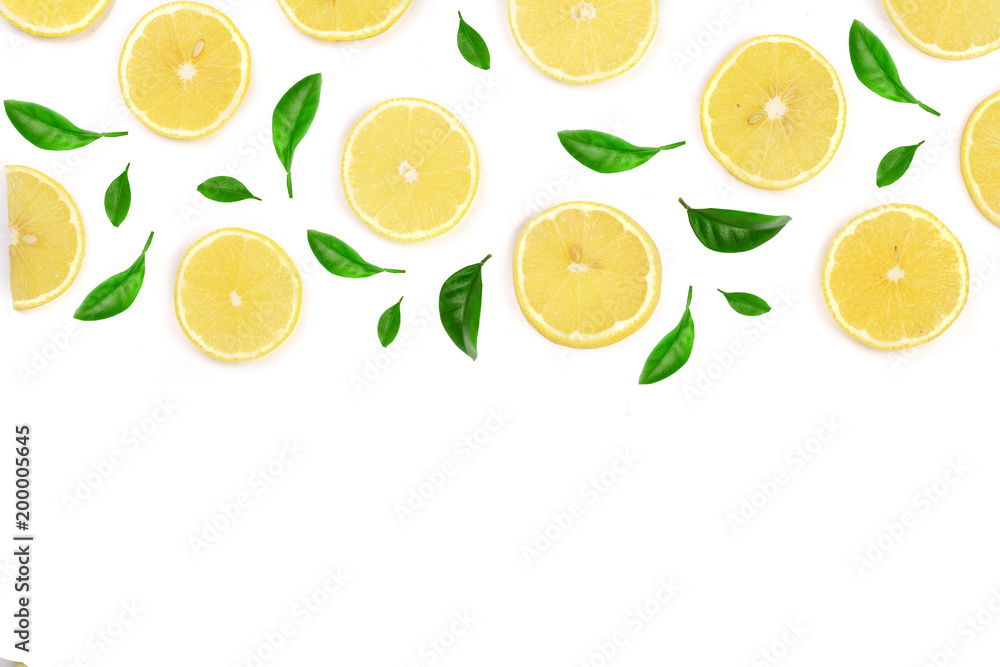 Slices lemon decorated with green leaves isolated on white background with copy space for your text. Flat lay, top view Slices lemon decorated with green leaves isolated on white background with copy space for your text. Flat lay, top view